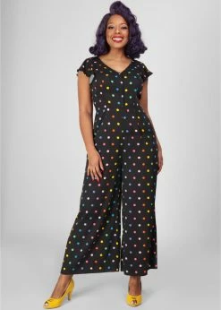 Collectif Thelma Rainbow Polka Dot 70's Jumpsuit Black -Banned Retro Shop collectif JS SS221908A thelma rainbow polka jumpsuit blk 4 833f3bf3 890d 40d8 b864 2ee242dabd57 1024x1024