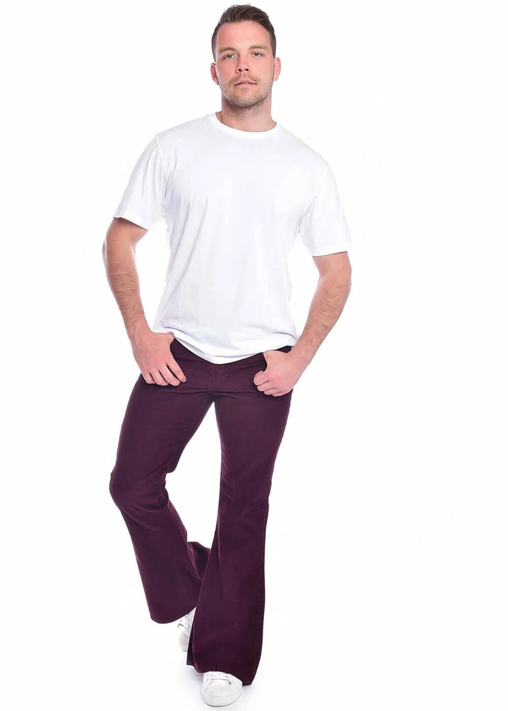 Run & Fly Mens Corduroy 70's Flare Trousers Burgundy - Image 4