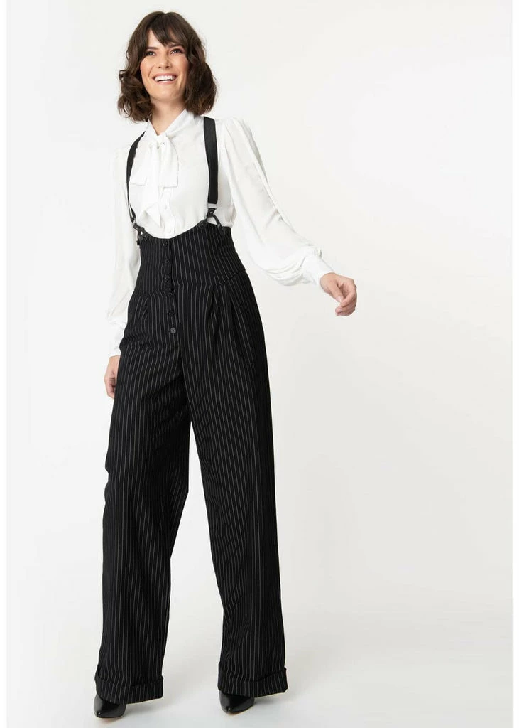 Unique Vintage Thelma Pinstripe 40's Trousers With Suspenders Black White - Image 3