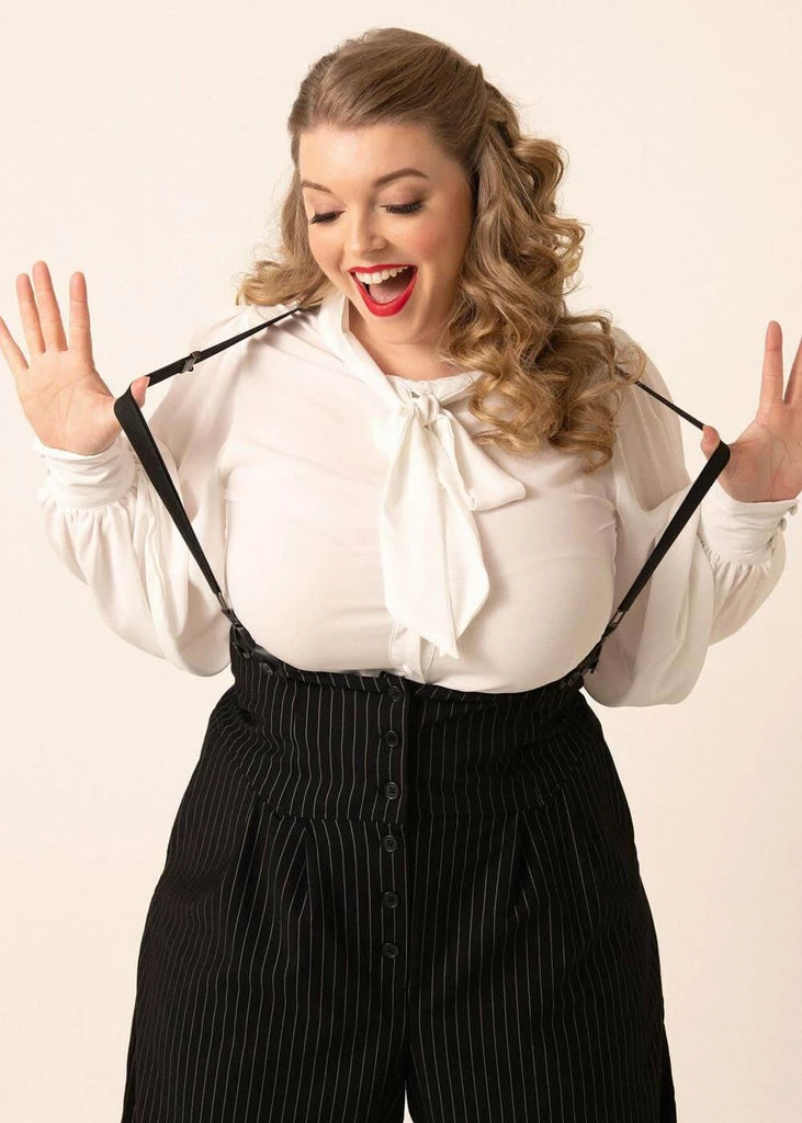 Unique Vintage Thelma Pinstripe 40's Trousers With Suspenders Black White - Image 5