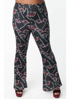 Unique Vintage Scattered Stem Floral 70's Flare Trousers Black
