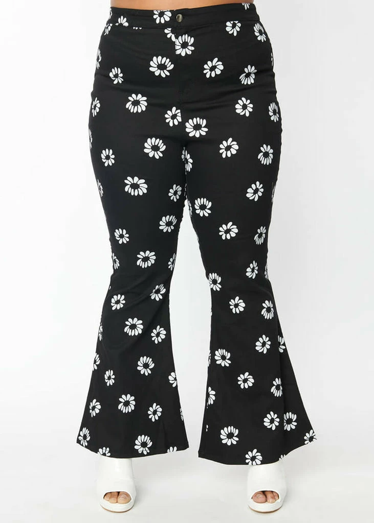 Unique Vintage Smak Parlour Into The Groove Floral 70's Flare Trousers Black