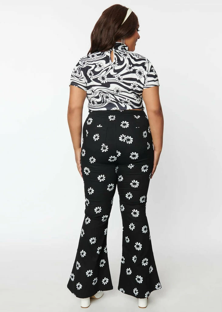 Unique Vintage Smak Parlour Into The Groove Floral 70's Flare Trousers Black - Image 4
