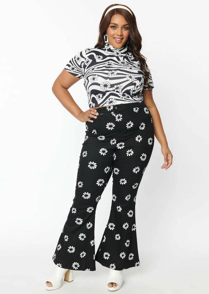 Unique Vintage Smak Parlour Into The Groove Floral 70's Flare Trousers Black - Image 2