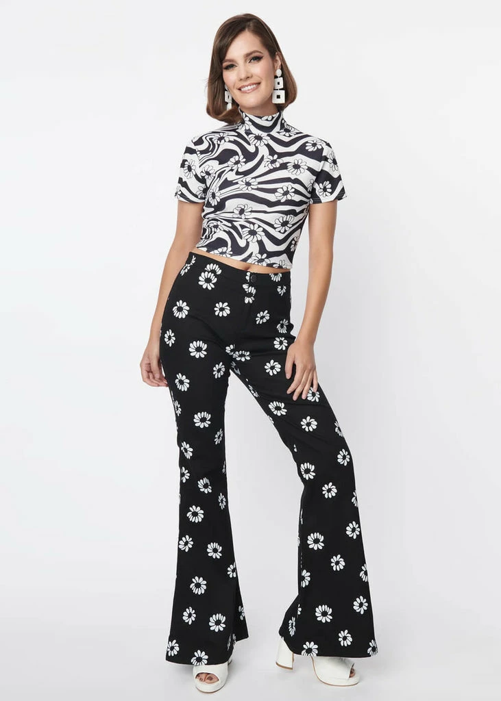 Unique Vintage Smak Parlour Into The Groove Floral 70's Flare Trousers Black - Image 5