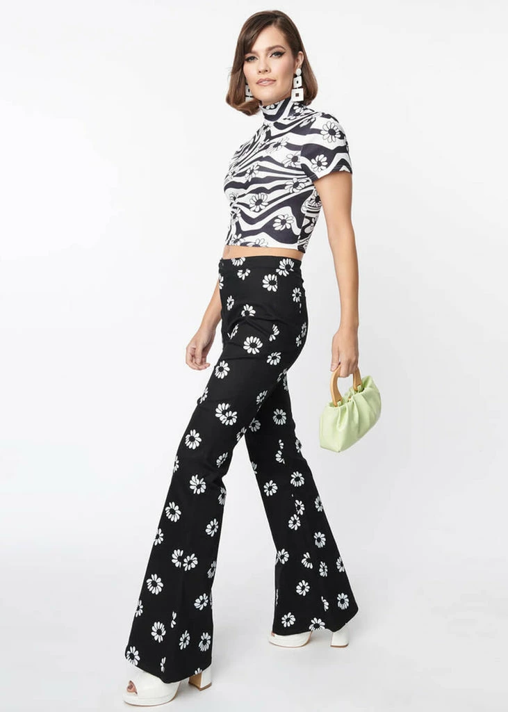 Unique Vintage Smak Parlour Into The Groove Floral 70's Flare Trousers Black - Image 3
