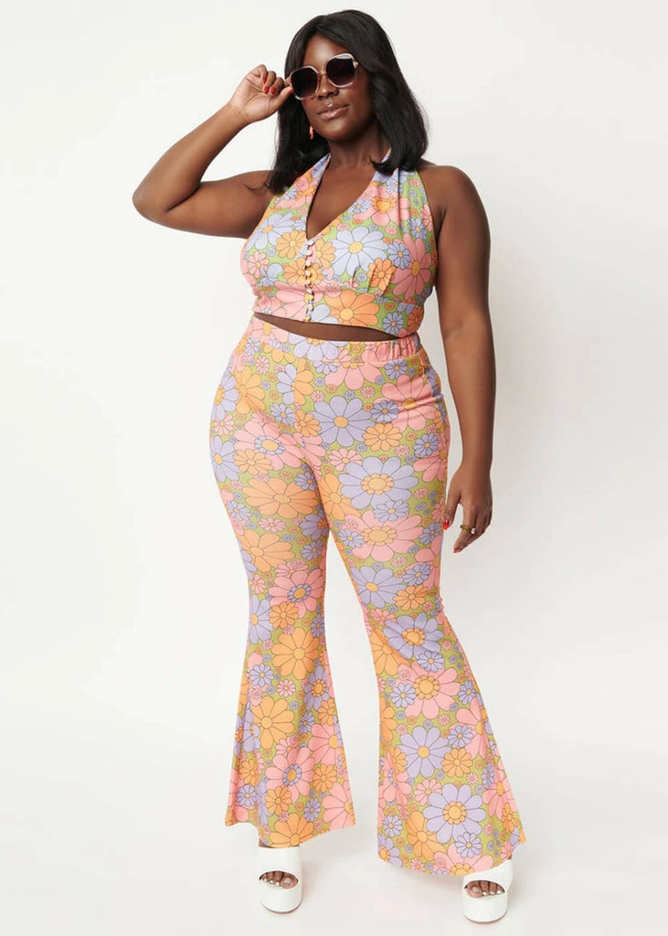 Unique Vintage Smak Parlour Find Your Flare Daisy 60's Trousers Green - Image 3