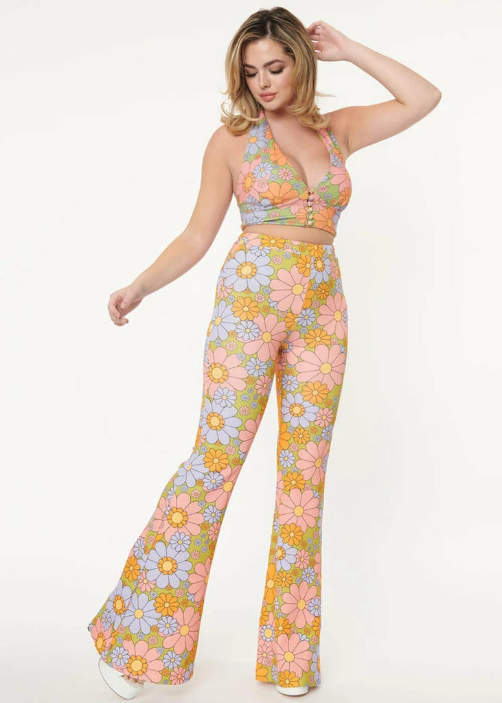 Unique Vintage Smak Parlour Find Your Flare Daisy 60's Trousers Green - Image 2