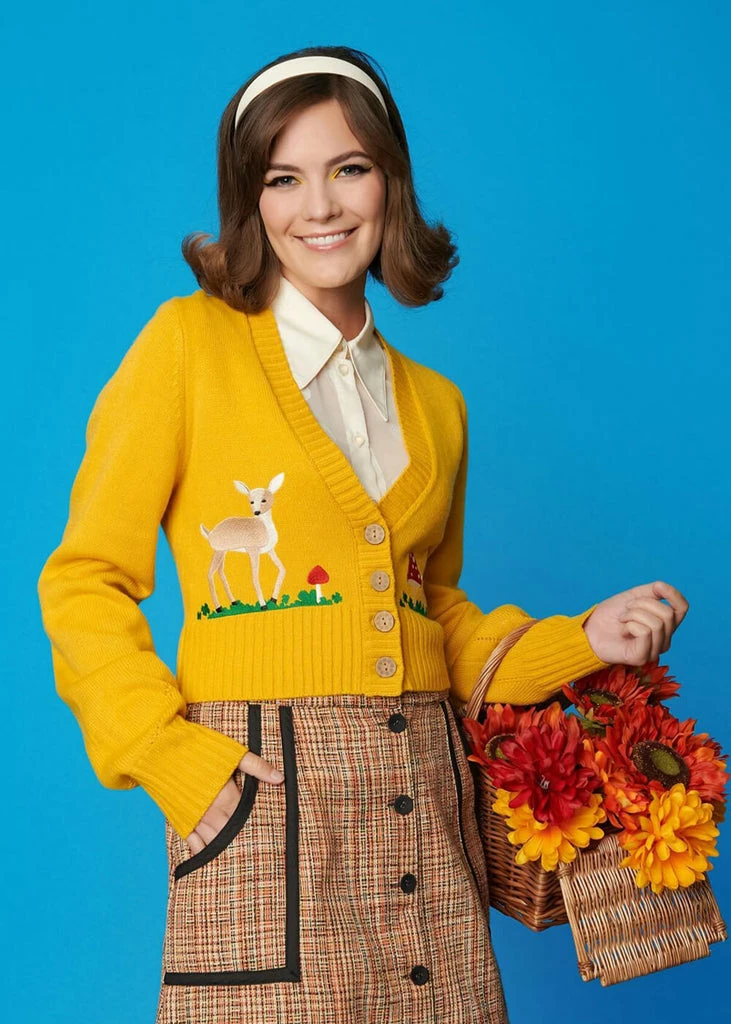 Unique Vintage Smak Parlour Mushrooms & Deer 40's Cardigan Mustard