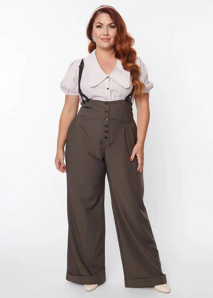 Unique Vintage Thelma Pinstripe 40's Trousers With Suspenders Grey